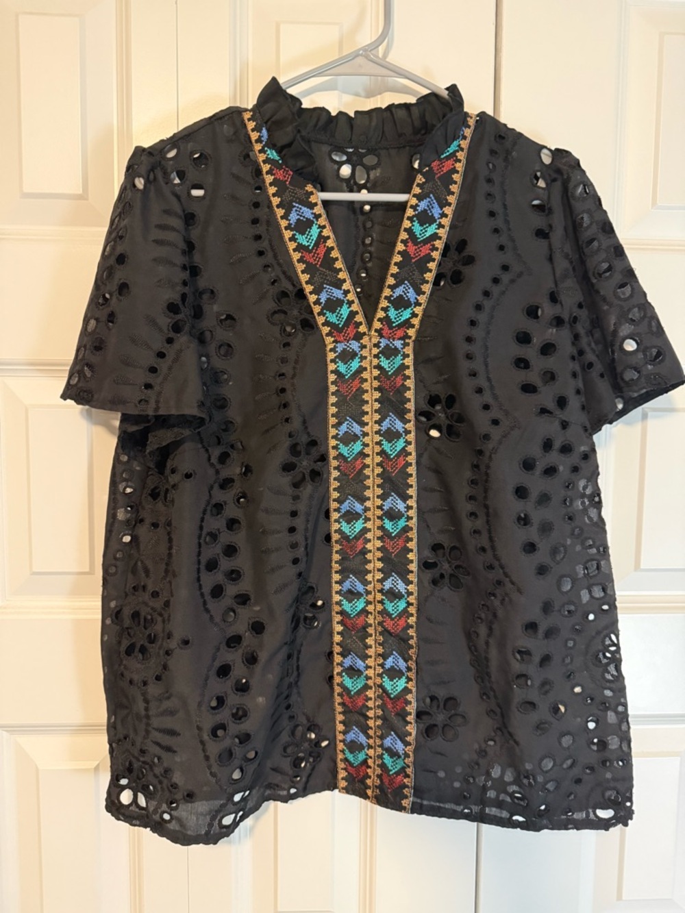 SHEIN Black Eyelet Short Sleeve Top with Multicolor Embroidered Trim